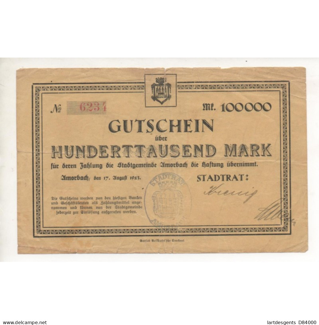 NOTGELD - AMORBACH - 100.000 Mark - 1923 (A046) - [11] Local Banknote Issues