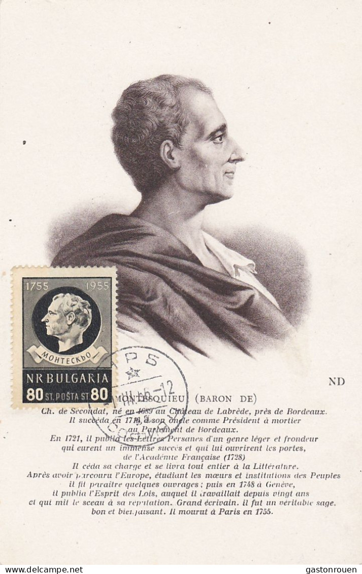 Carte Maximum Bulgarie 1956 Montesquieu Littérature Writer - FDC