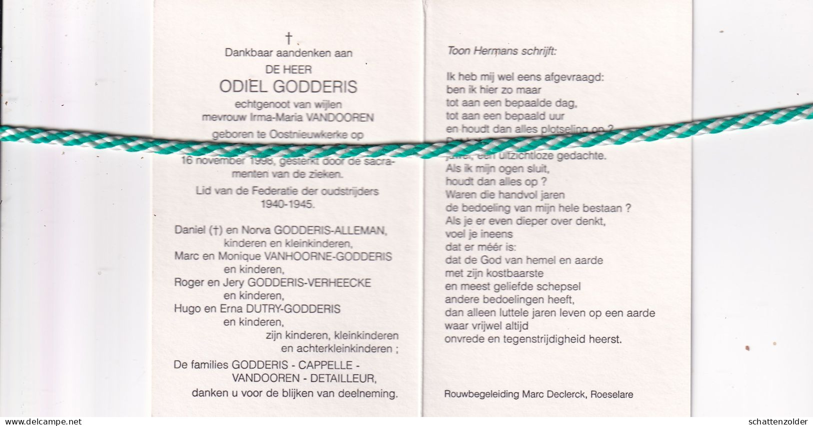 Odiel Godderis-Vandooren, Oostnieuwkerke 1911, Roeselare 1998. Foto - Décès