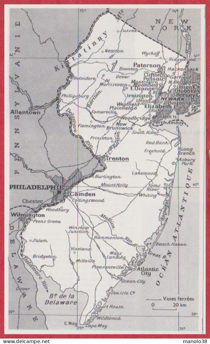 Carte Du New Jersey. Carte Avec Voies Ferrées. Etats Unis. USA. Larousse 1960. - Documents Historiques