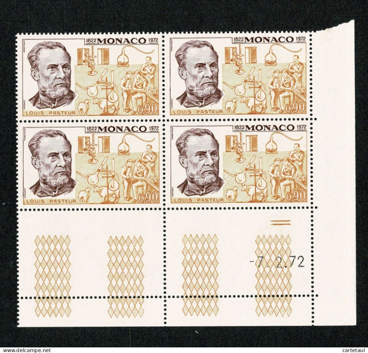 MONACO 1972 Louis Pasteur  Bloc De 4 Coin Daté --7.2.72  ** Gomme Intacte - Other & Unclassified