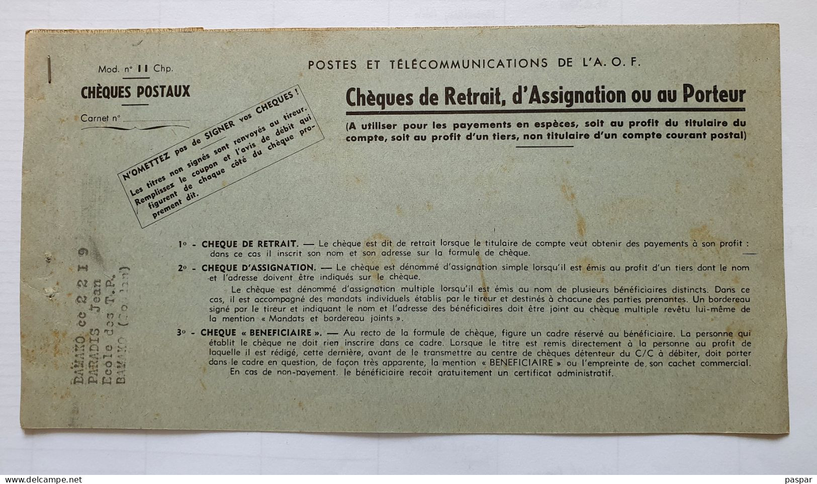 Chéquier De Chèques De Retrait Postes Et Télécommunications De L'AOF - Chèques Postaux 1961 N° 11 Chp Bamako Soudan - Chèques & Chèques De Voyage