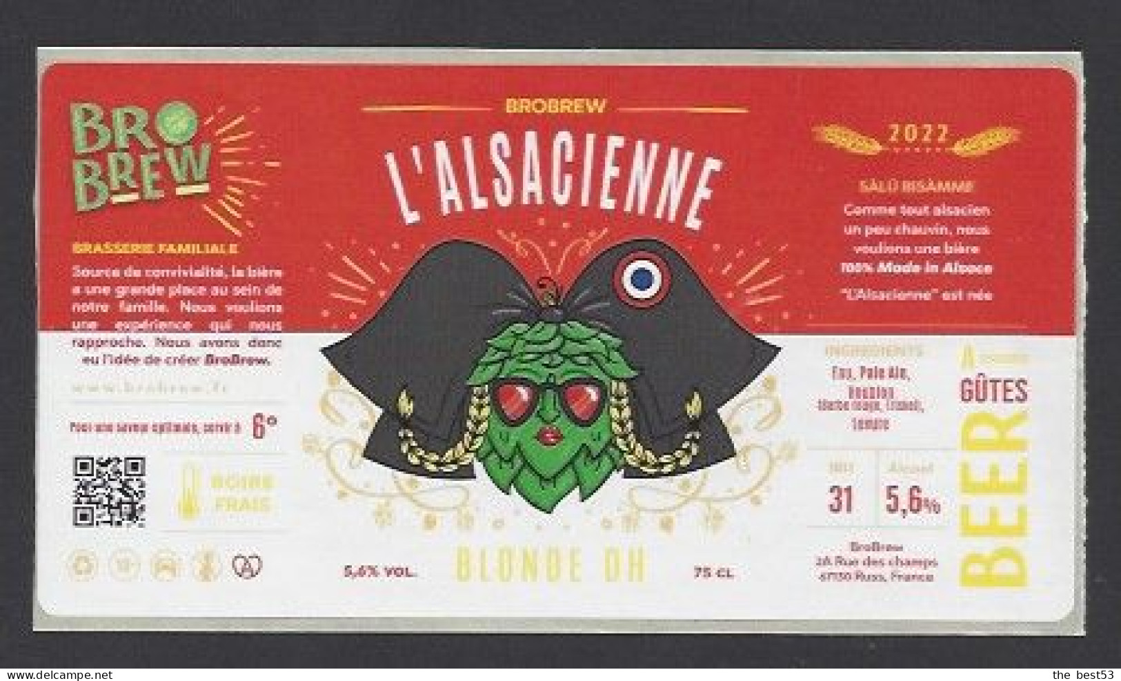 Etiquette De Bière Blonde DH  -  L'Alsacienne  -  Brasserie BroBrew  à  Russ  (67) - Bière