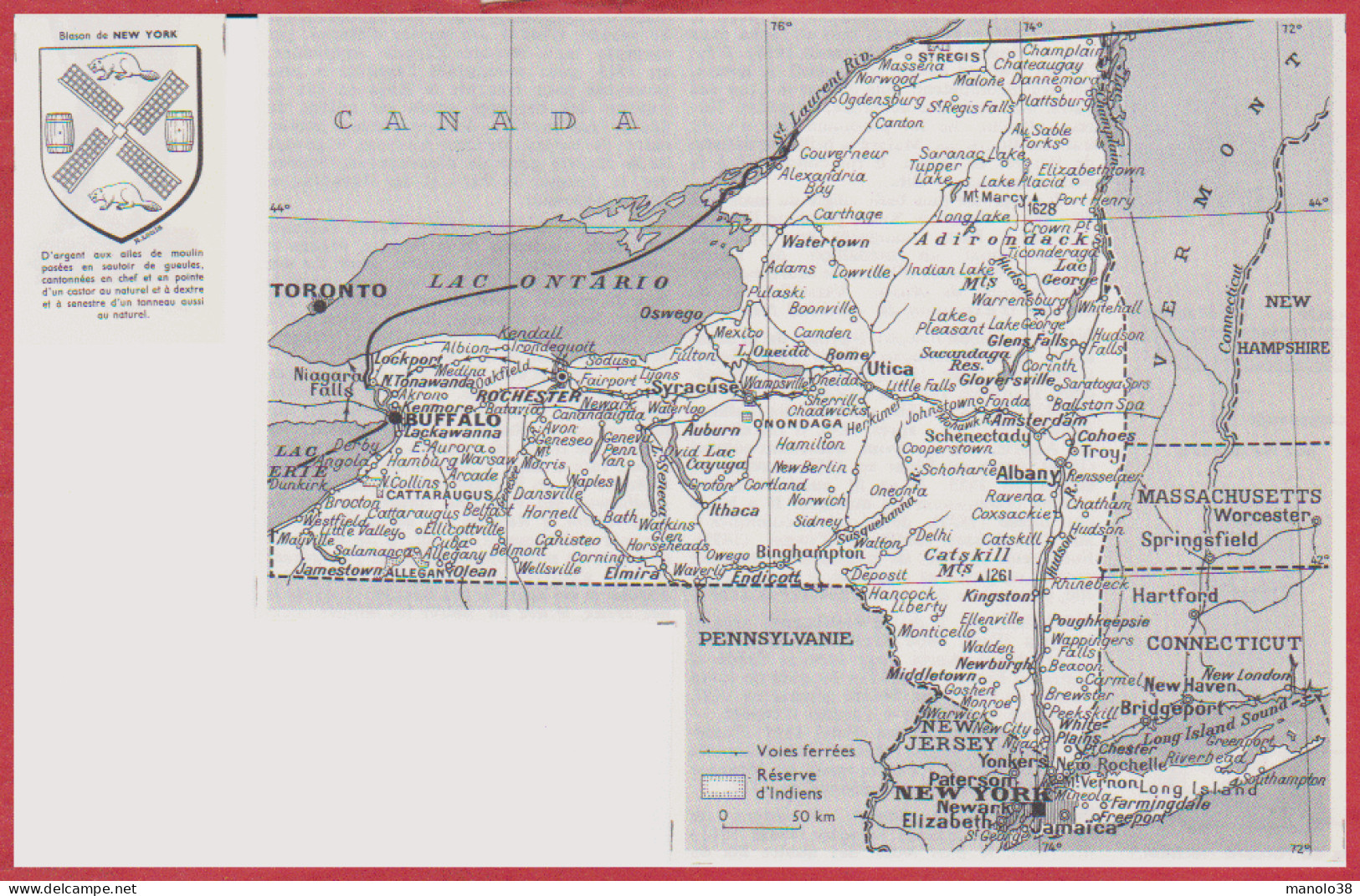 Carte De L' Etat De New York. Carte Avec Réserves Indiennes, Voies Ferrées. Blason. Etats Unis. Larousse 1960. - Documents Historiques