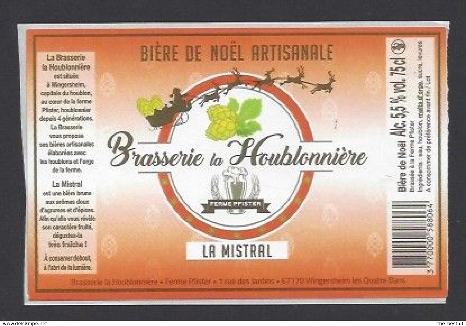 Etiquette De Bière De Noël  -  La Mistral  -  Brasserie De La Houblonnière  à  Wingersheim Les Quatre Bans  (67) - Bier