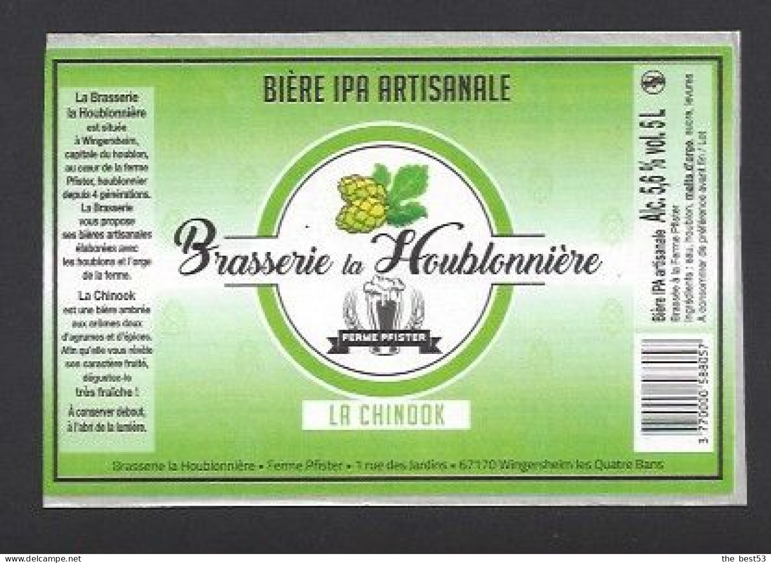 Etiquette De Bière IPA  -  La Chinook  -  Brasserie De La Houblonnière  à  Wingersheim Les Quatre Bans  (67) - Bier