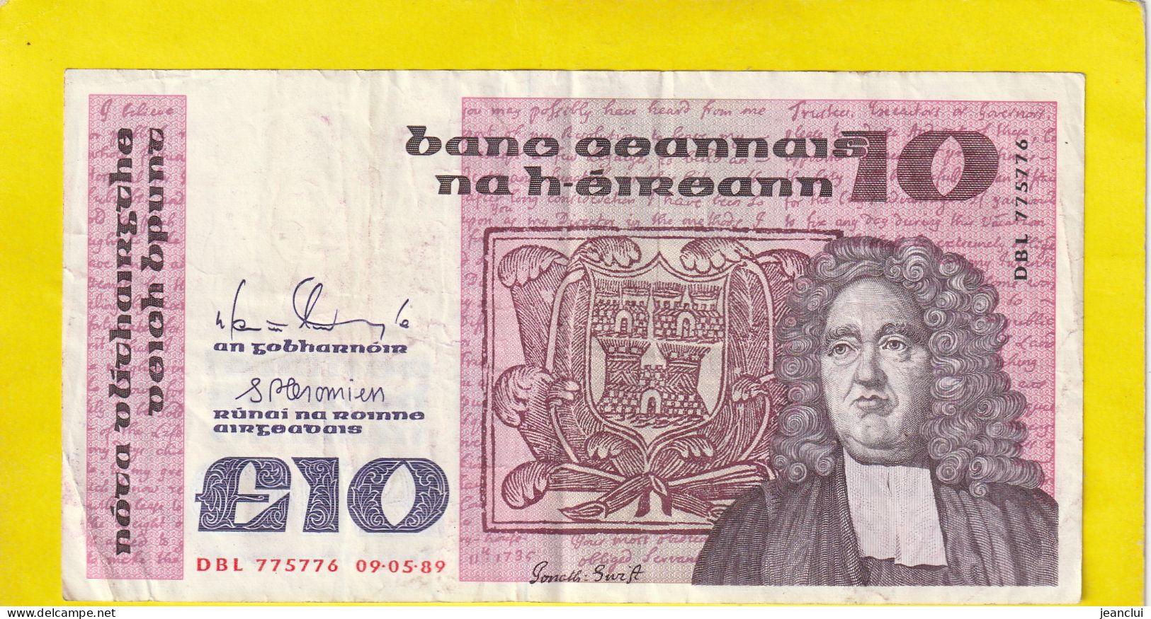 IRELAND / REPUBLIC  .  10 POUNDS  .  09-05-1989  .  N°  DBL 775776  .  2 SCANNES  .  BILLET USITE - Irland