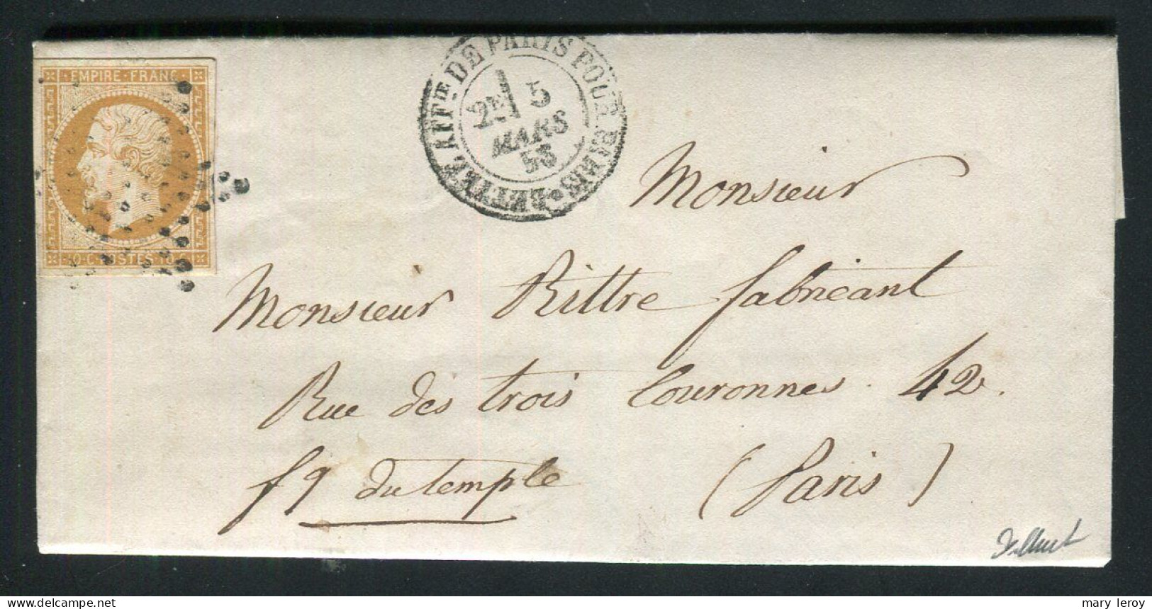 Belle Lettre Locale De Paris ( 1855 ) - Cachet Lettre Affie De Paris Pour Paris Avec Un N° 13A - 1849-1876: Klassik