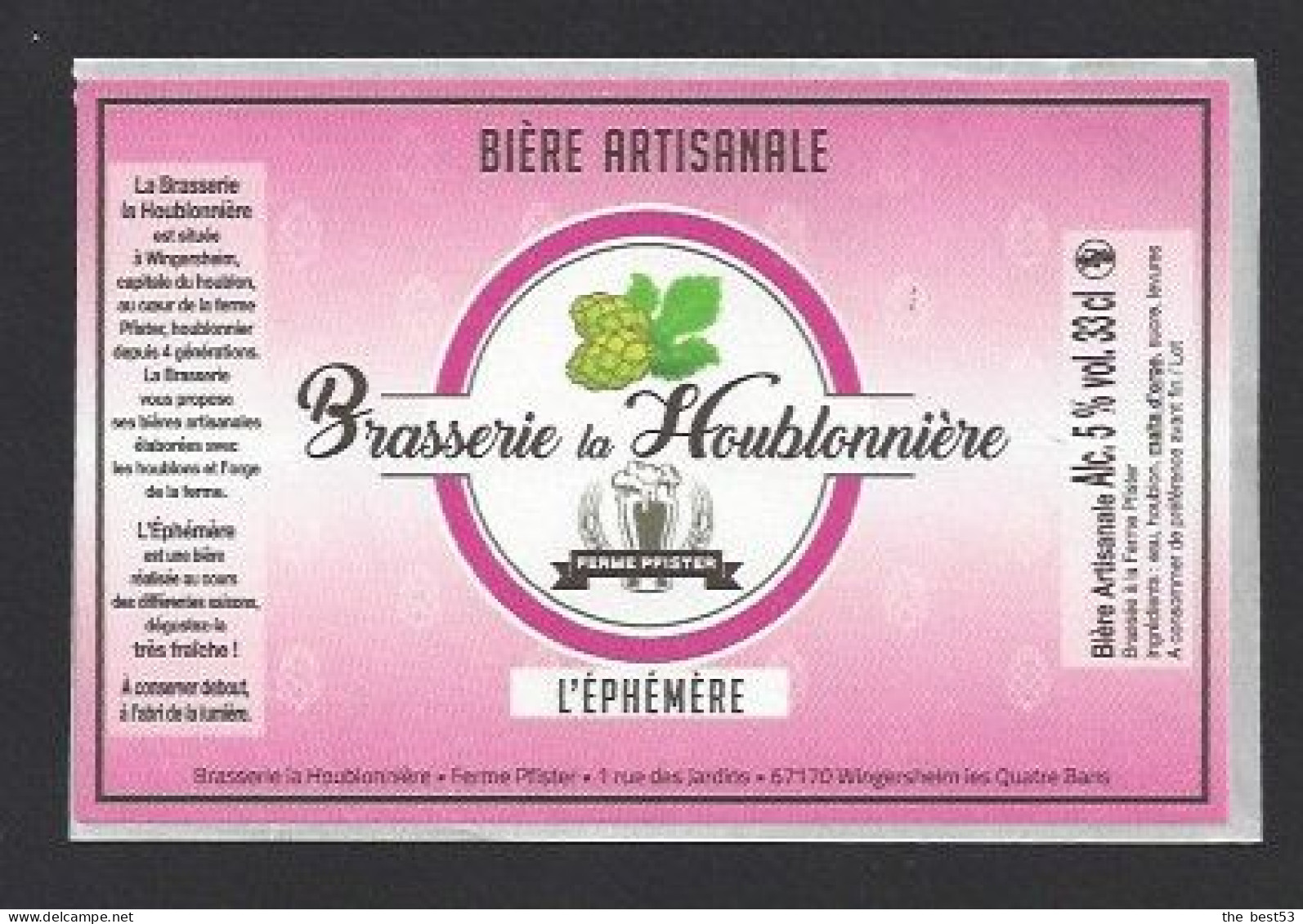 Etiquette De Bière   -  L' Ephémère  -  Brasserie De La Houblonnière  à  Wingersheim Les Quatre Bans  (67) - Bière