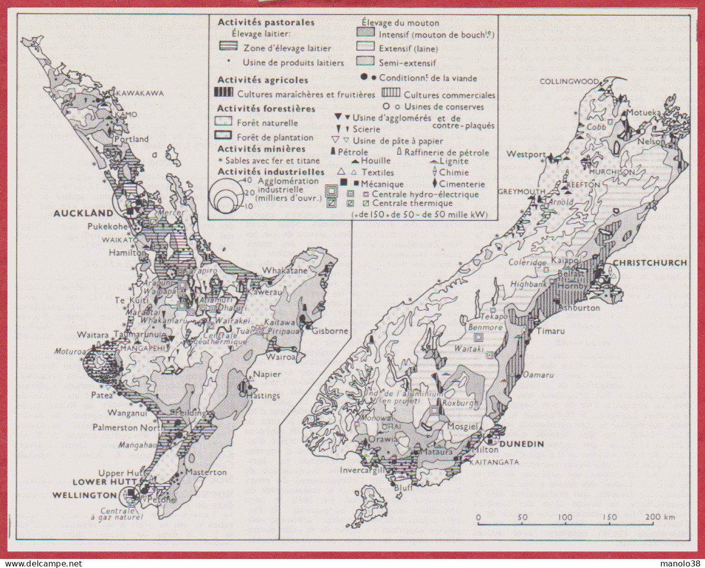 Nouvelle Zélande. Carte économique. Activités Pastorales, Agricoles, Forestière, Minières, Industrielles. Larousse 1960. - Documents Historiques