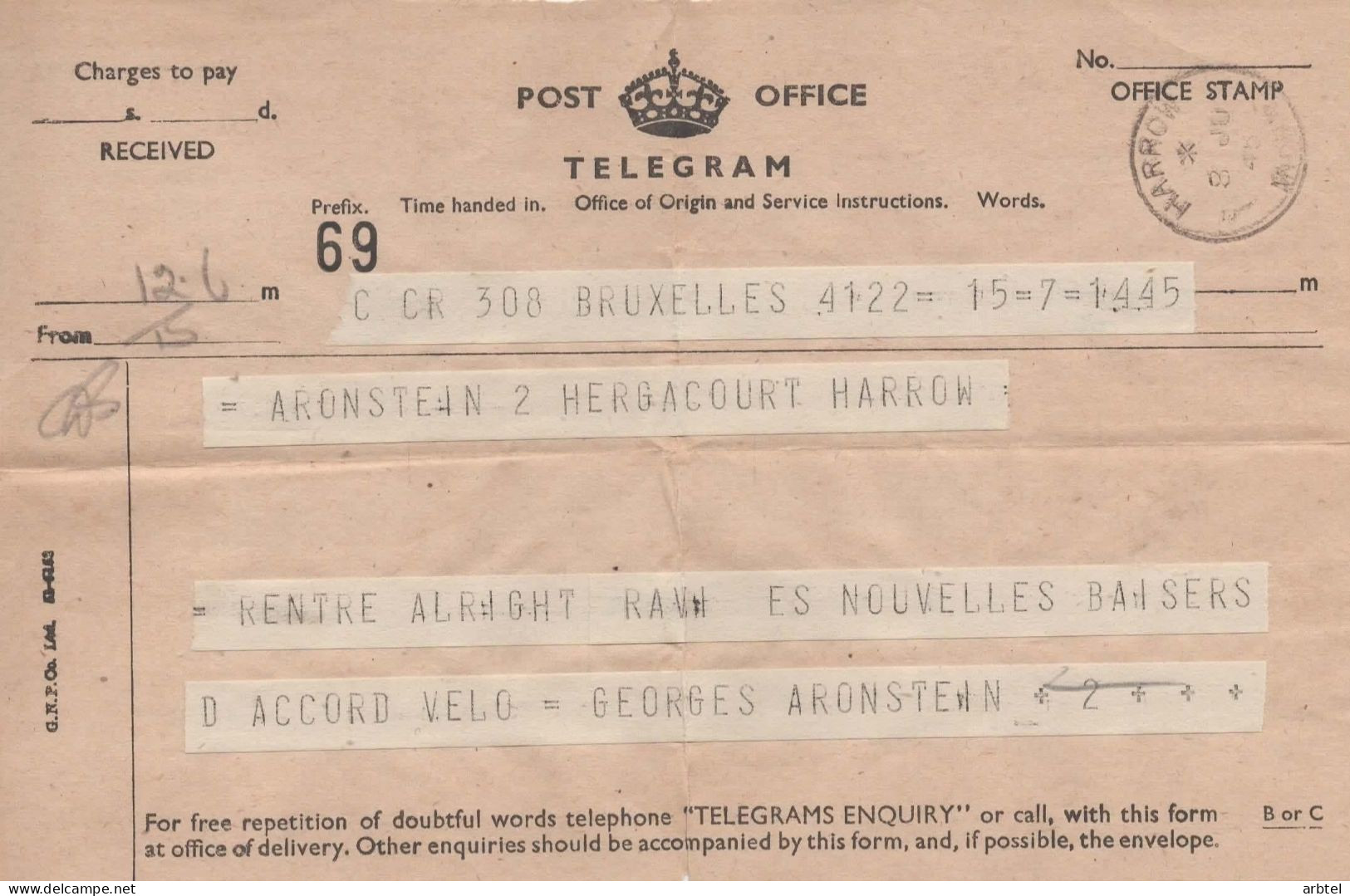 REINO UNIDO TELEGRAMA BRUSELAS A HERGA COURT HARROW 1945 - Télécom