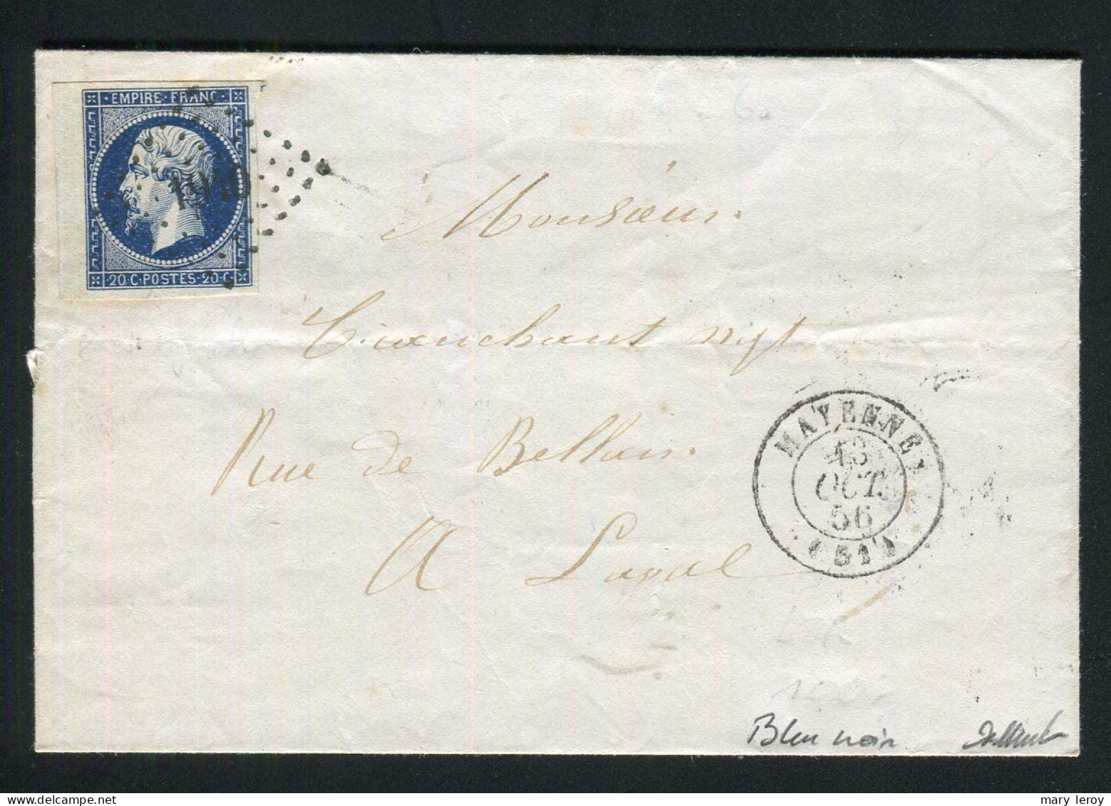 Belle Lettre De Mayenne Pour Laval ( 1856 ) Avec Un Superbe N° 14Ab Bleu Noir Bord De Feuille - 1849-1876: Klassik