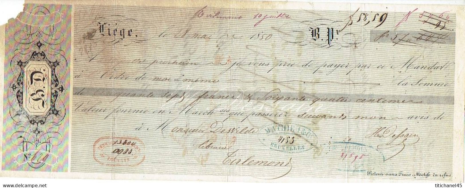 LIEGE 1850 - Mandat De H. DESSAIN Editeur-imprimeur à Monsieur DEWILDE Libraire à TIRLEMONT - 1800 – 1899