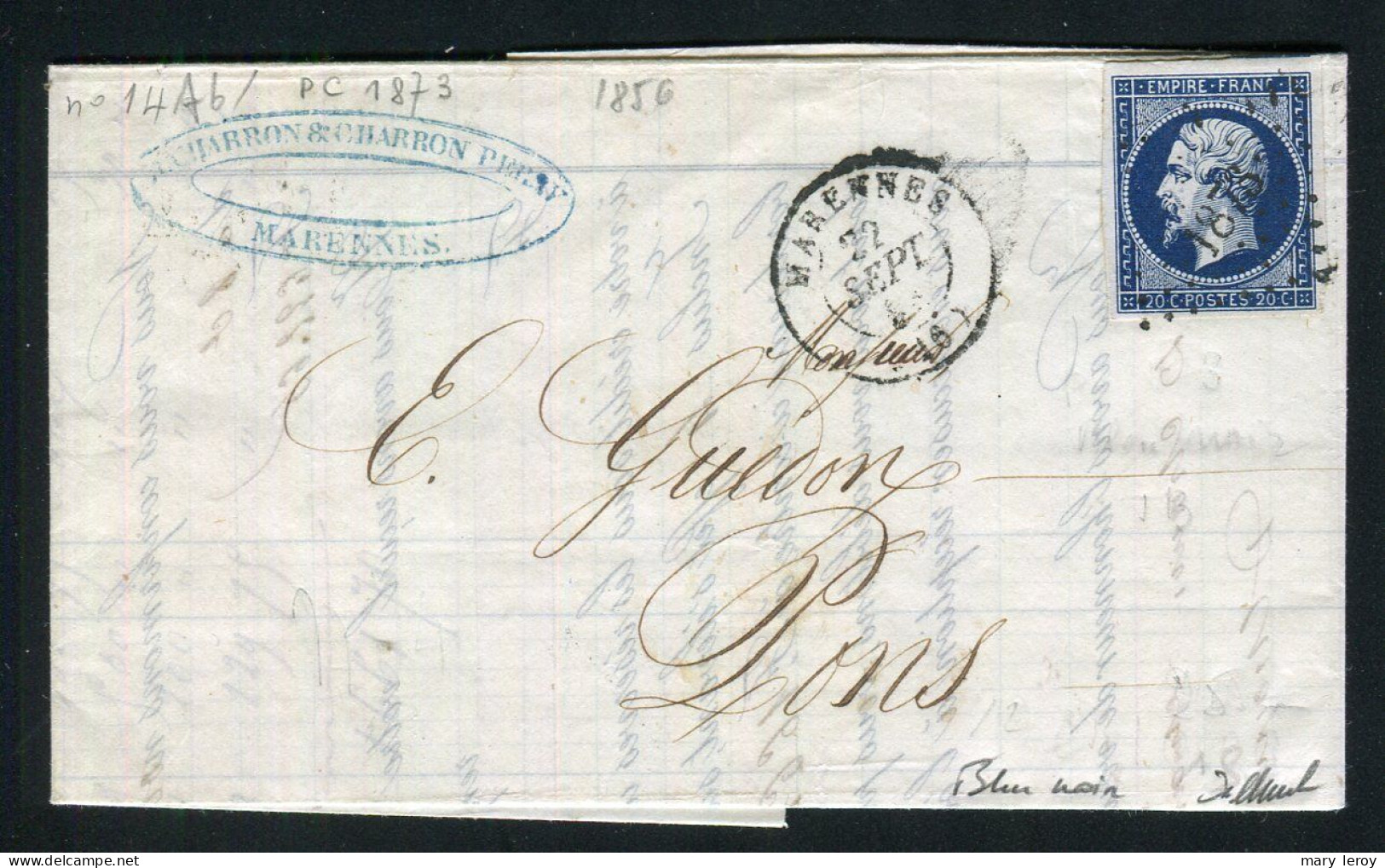 Belle Lettre De Marennes Pour Pons ( 1856 ) Avec Un Superbe N° 14Ab Bleu Noir - 1849-1876: Periodo Clásico
