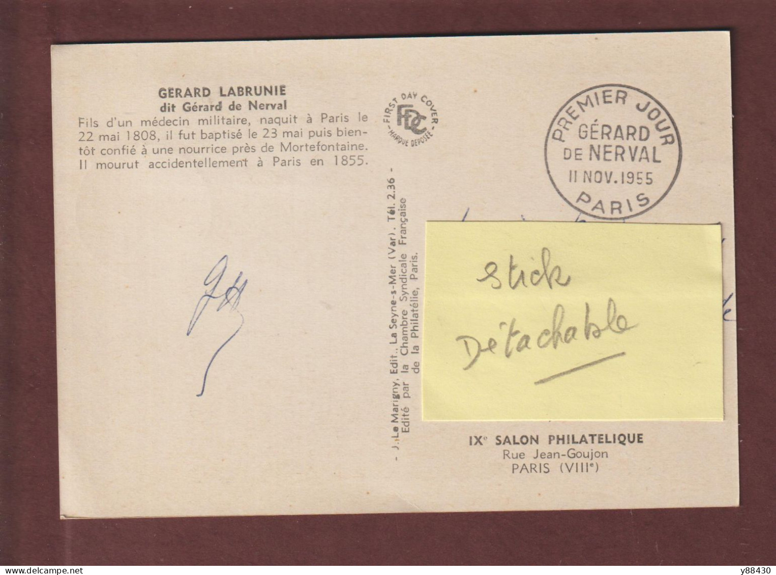 1043 De 1955 - Carte 1er Jour à PARIS Le 11/11/1955 - GÉRARD LABRUNIE . Poète Et Écrivain Français - 2 Scan - 1950-1959