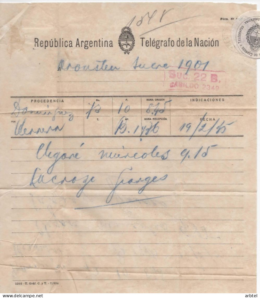 ARGENTINA TELEGRAMA BUENOS AIRES SUC CABILDO 1915 - Télécom