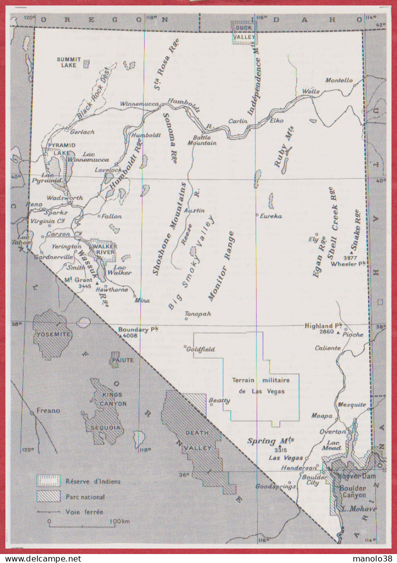 Carte Du Nevada. Carte Avec Réserves Indiennes, Parc National, Terrain Militaire, Voie Ferrée. Etats Unis. Larousse 1960 - Documents Historiques