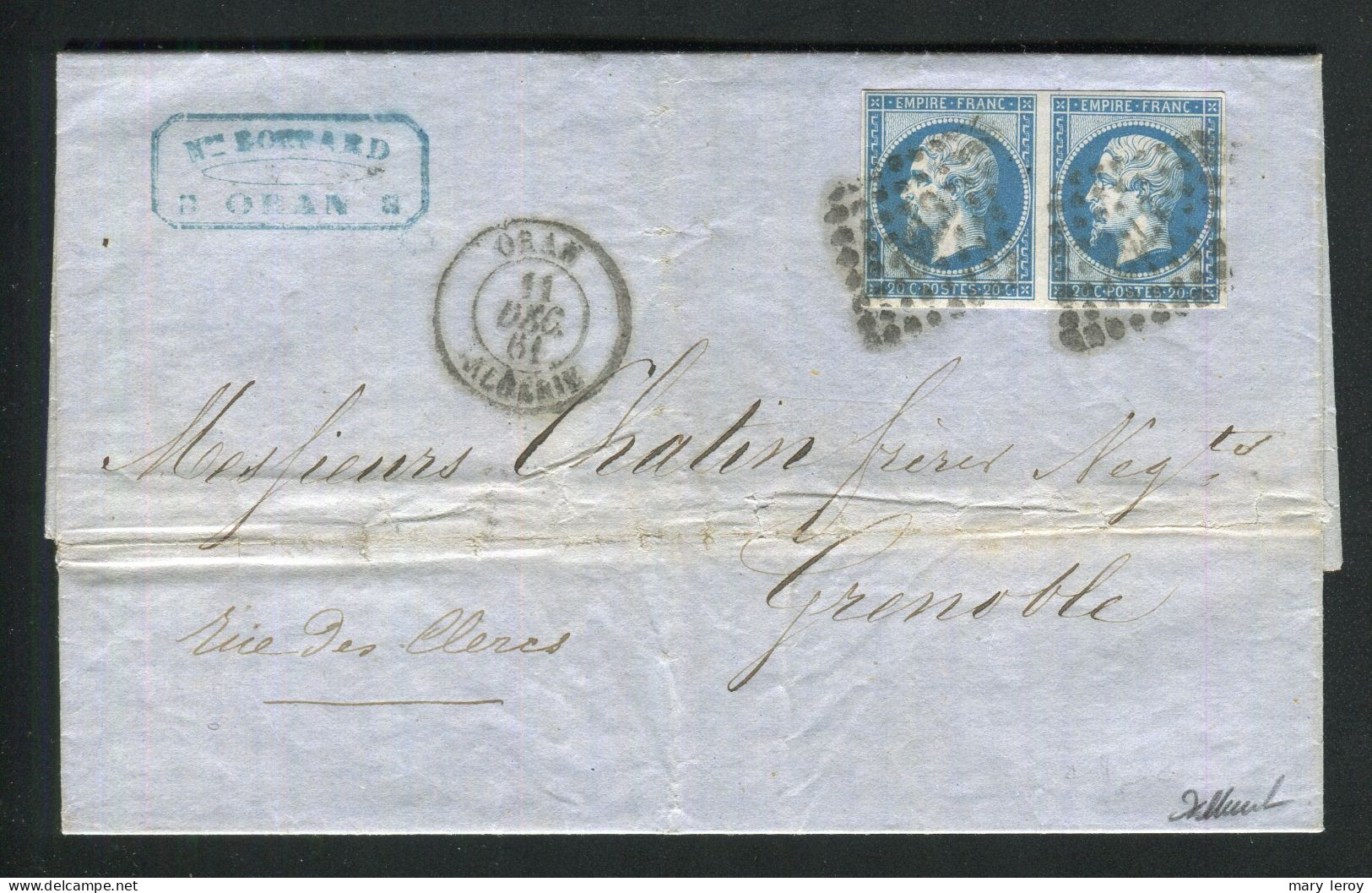 Belle Lettre D' Oran Pour Grenoble ( Algérie 1861 ) Avec Une Paire De N° 14B - Cachet PC 3732 - 1849-1876: Periodo Clásico