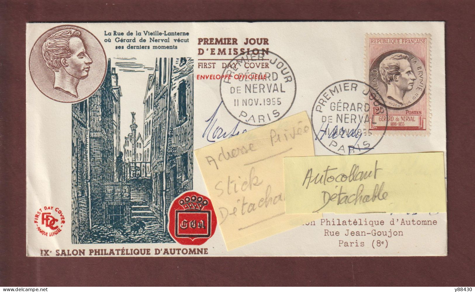 1043 De 1955 - Enveloppe 1er Jour à PARIS Le 11/11/1955 - GÉRARD LABRUNIE . Poète Et Écrivain Français - 2 Scan - 1950-1959