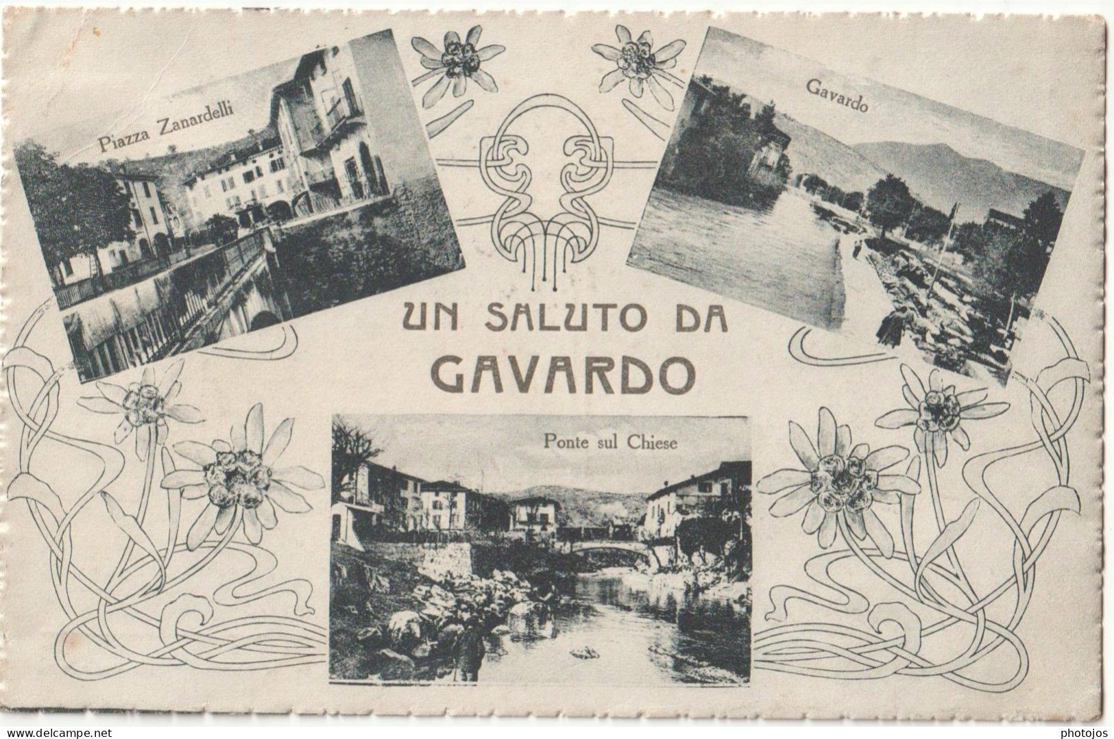 Cartolina  Gavardo (Italia) Un Saluto Tree Vedute  Panorama Plazza  Ponte Style Art Nouveau   Ed Pandini Marqua Militare - Otros & Sin Clasificación