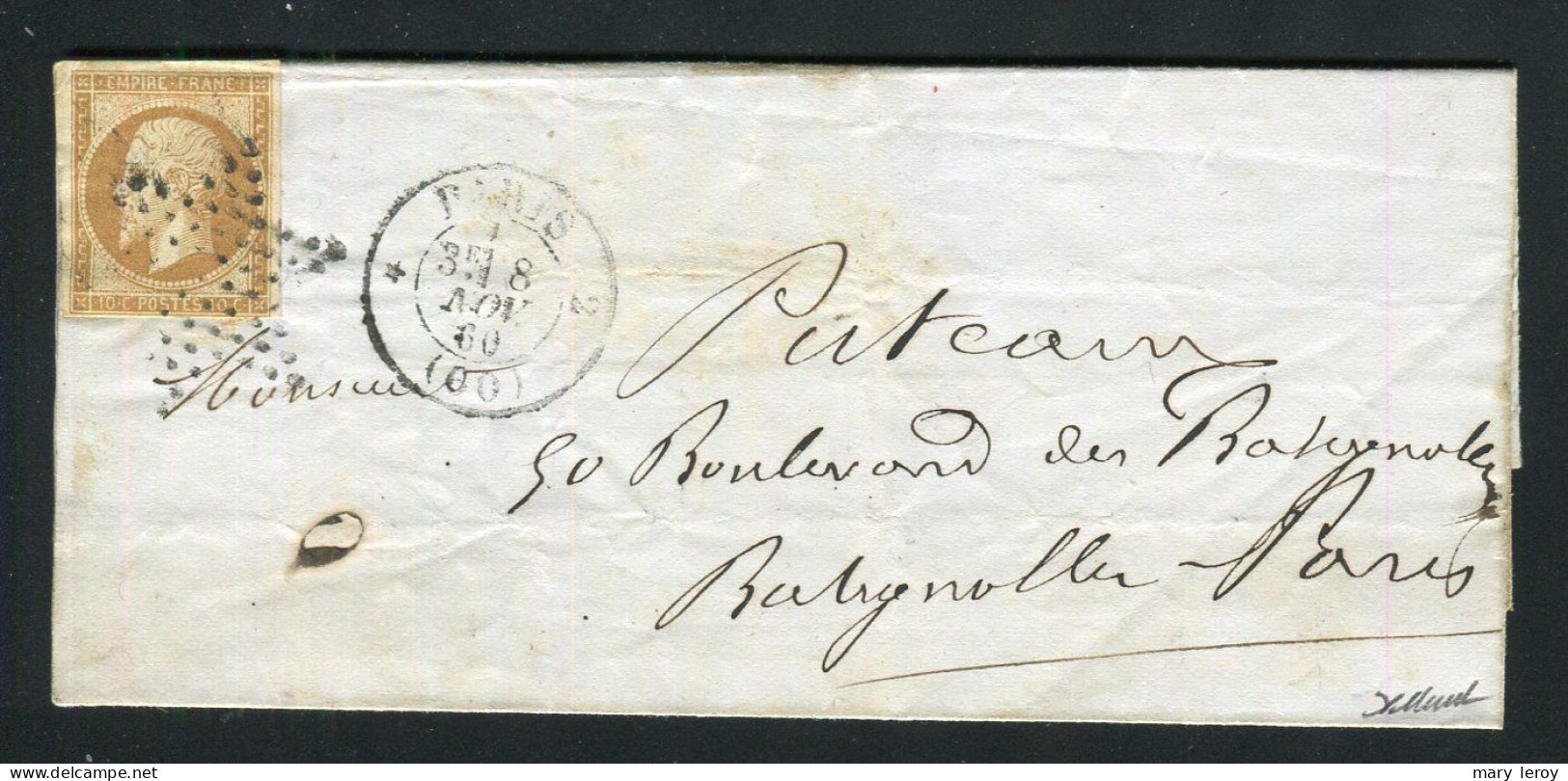 Rare Lettre Locale De Paris ( 1860 ) Avec Un N° 13A - Cachet à Date Pothion 1383 - Indice 24 - 1849-1876: Klassik