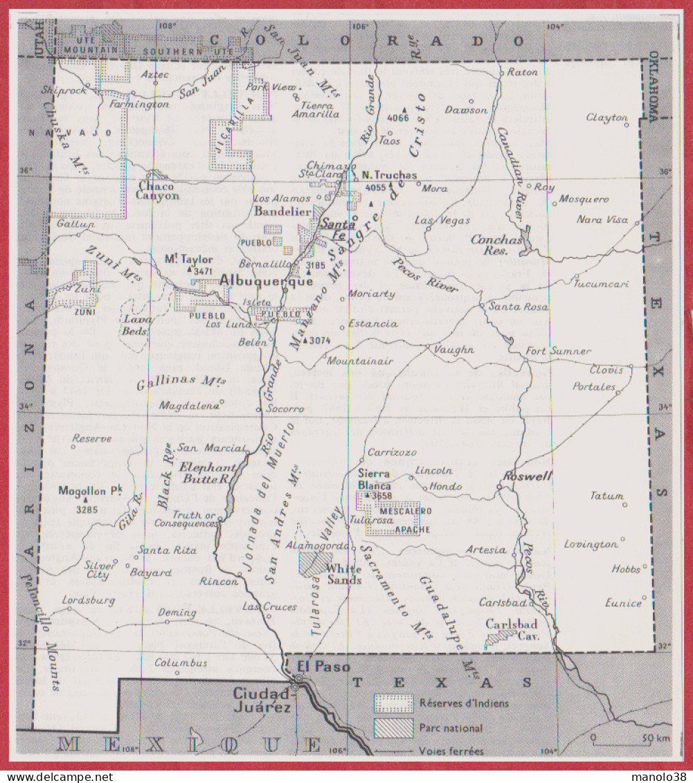 Nouveau Mexique. Carte Avec Réserves Indiennes, Parc National, Voies Ferrées. Etats Unis. USA. Larousse 1960 - Historical Documents