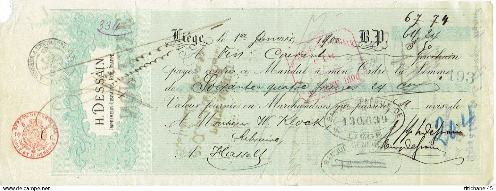 LIEGE 1900 - Mandat De H. DESSAIN Editeur-imprimeur à Monsieur W. KLOCK Libraire à BRUXELLES - 1800 – 1899