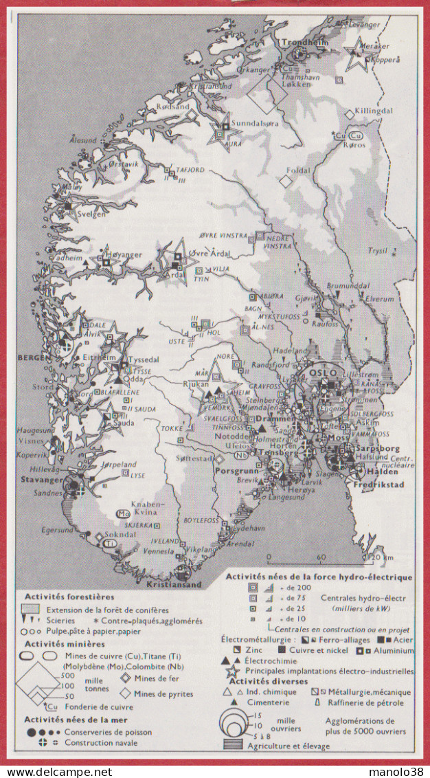 Norvège. Carte économique. Activités Forestières, Minières, Nées De La Mer, Centrales Hydroélectriques. Larousse 1960. - Historische Dokumente