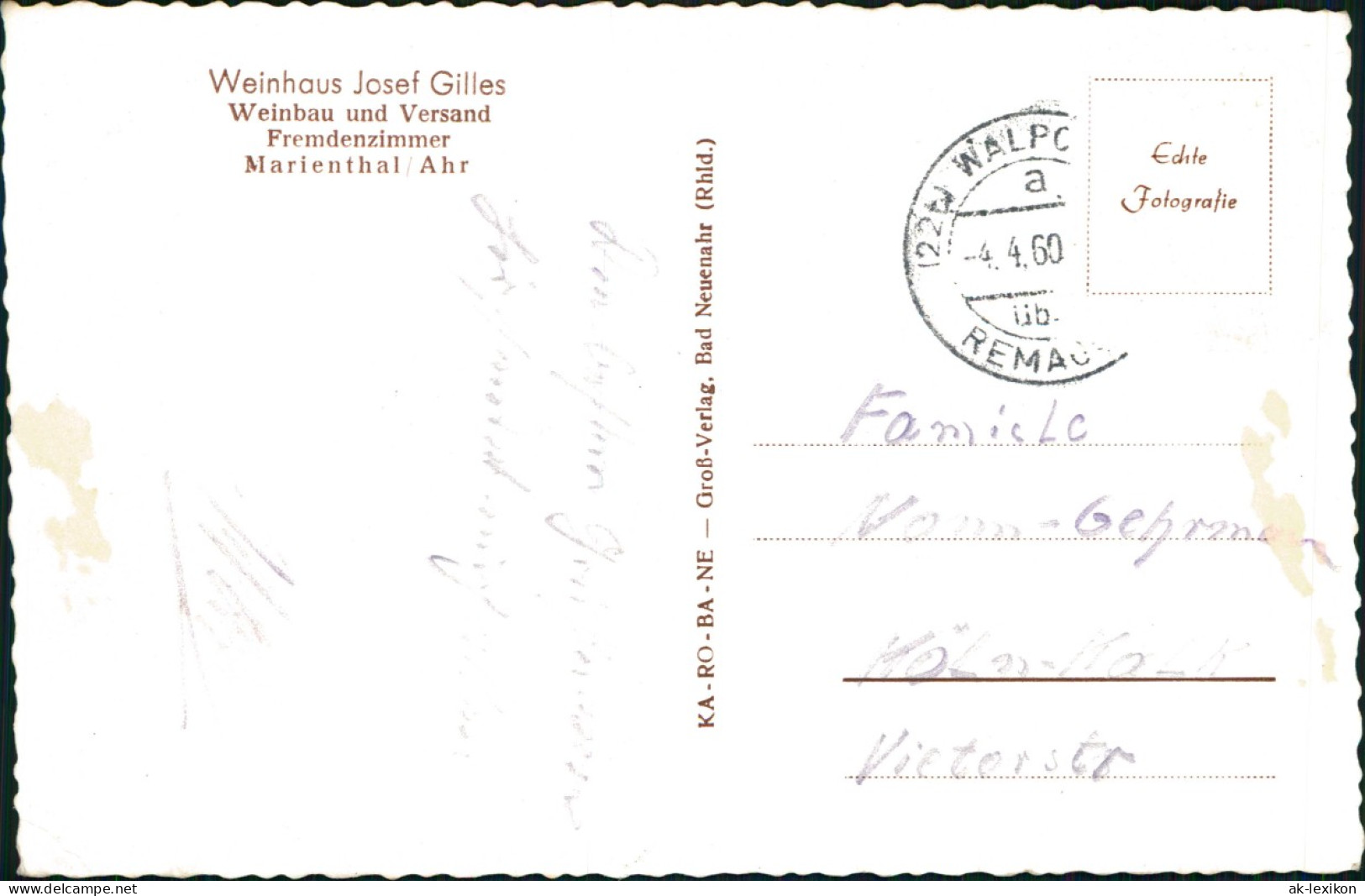 Marienthal  Bad Neuenahr-Ahrweiler  Weinhaus Josef Gilles Weinbau  Versand 1960 - Bad Neuenahr-Ahrweiler