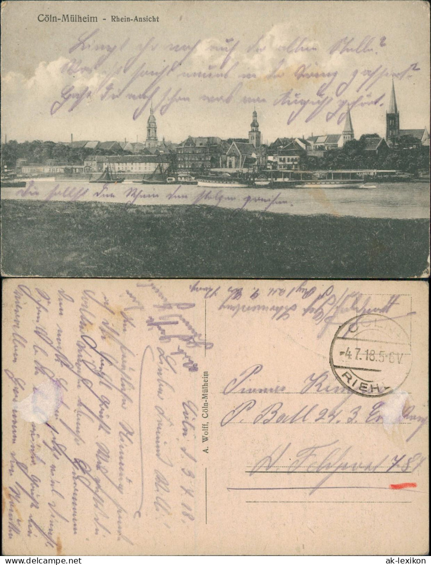 Ansichtskarte Mülheim-Köln Panorama  Schiffe 1918   Feldpost Stempel RIEHL - Köln