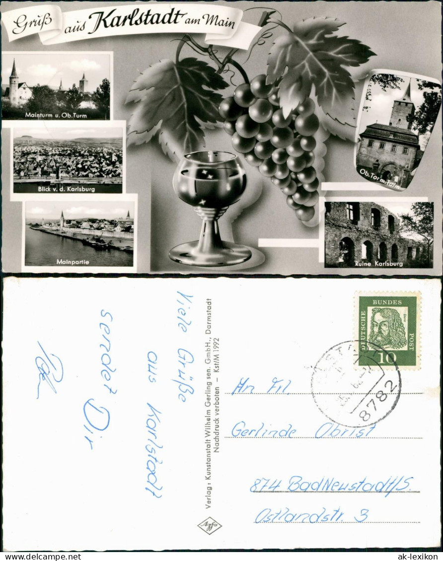 Karlstadt Am Main Mehrbild-AK Ortsansichten Und Weintrauben Motiv Weinglas 1962 - Karlstadt