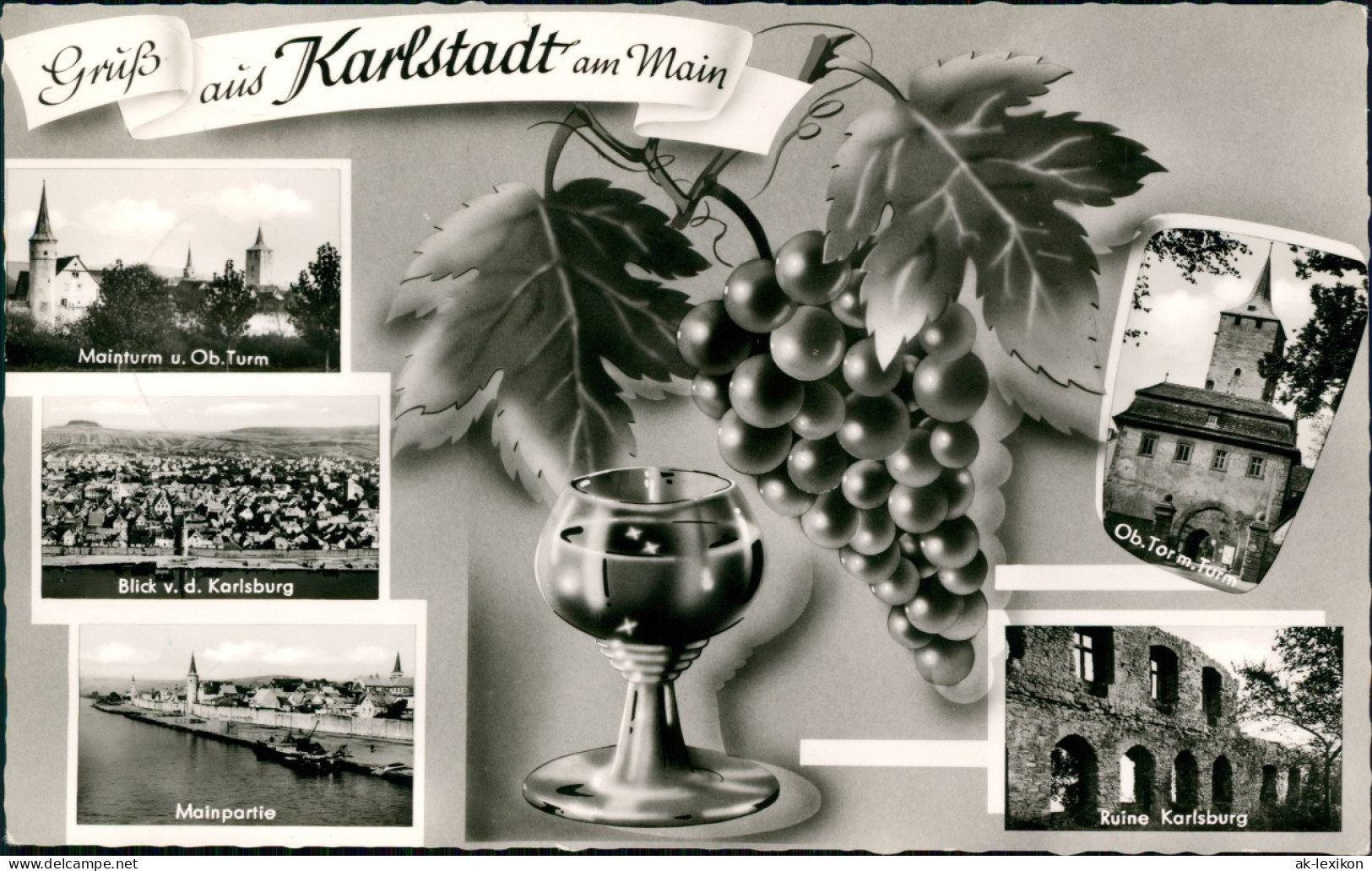 Karlstadt Am Main Mehrbild-AK Ortsansichten Und Weintrauben Motiv Weinglas 1962 - Karlstadt