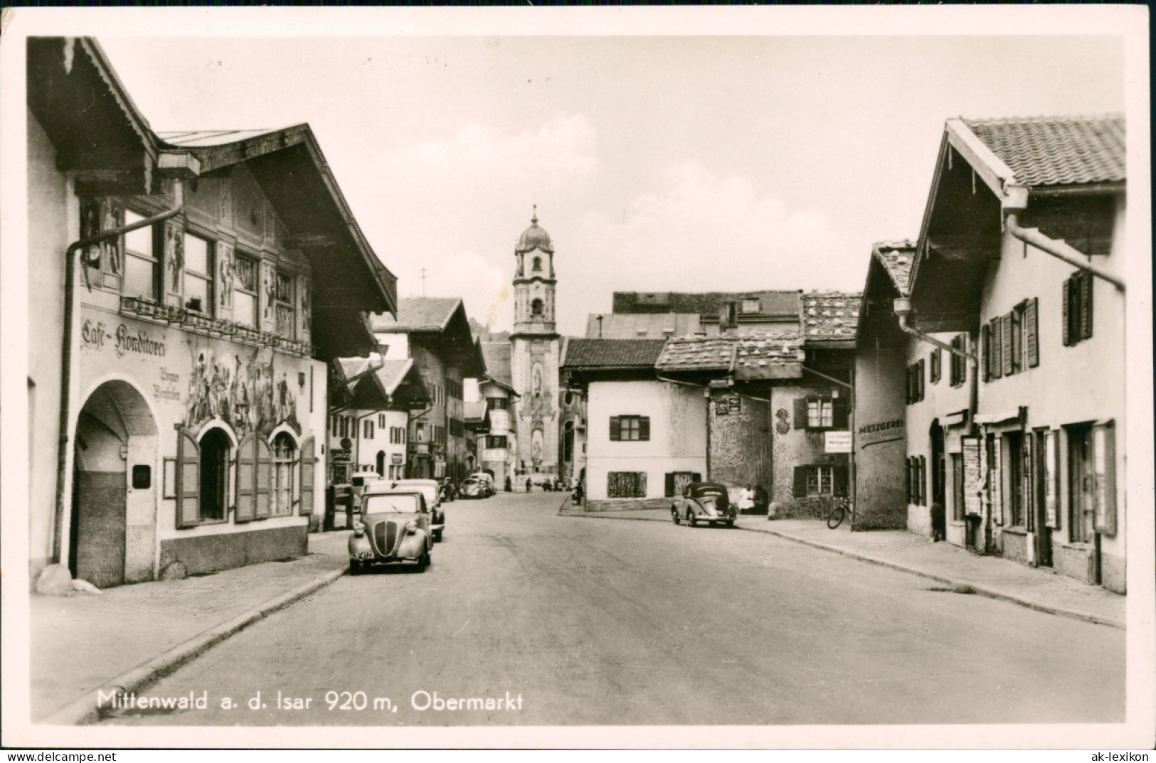 Ansichtskarte Mittenwald Obermarkt, Conditorei - Autos 1956 - Mittenwald