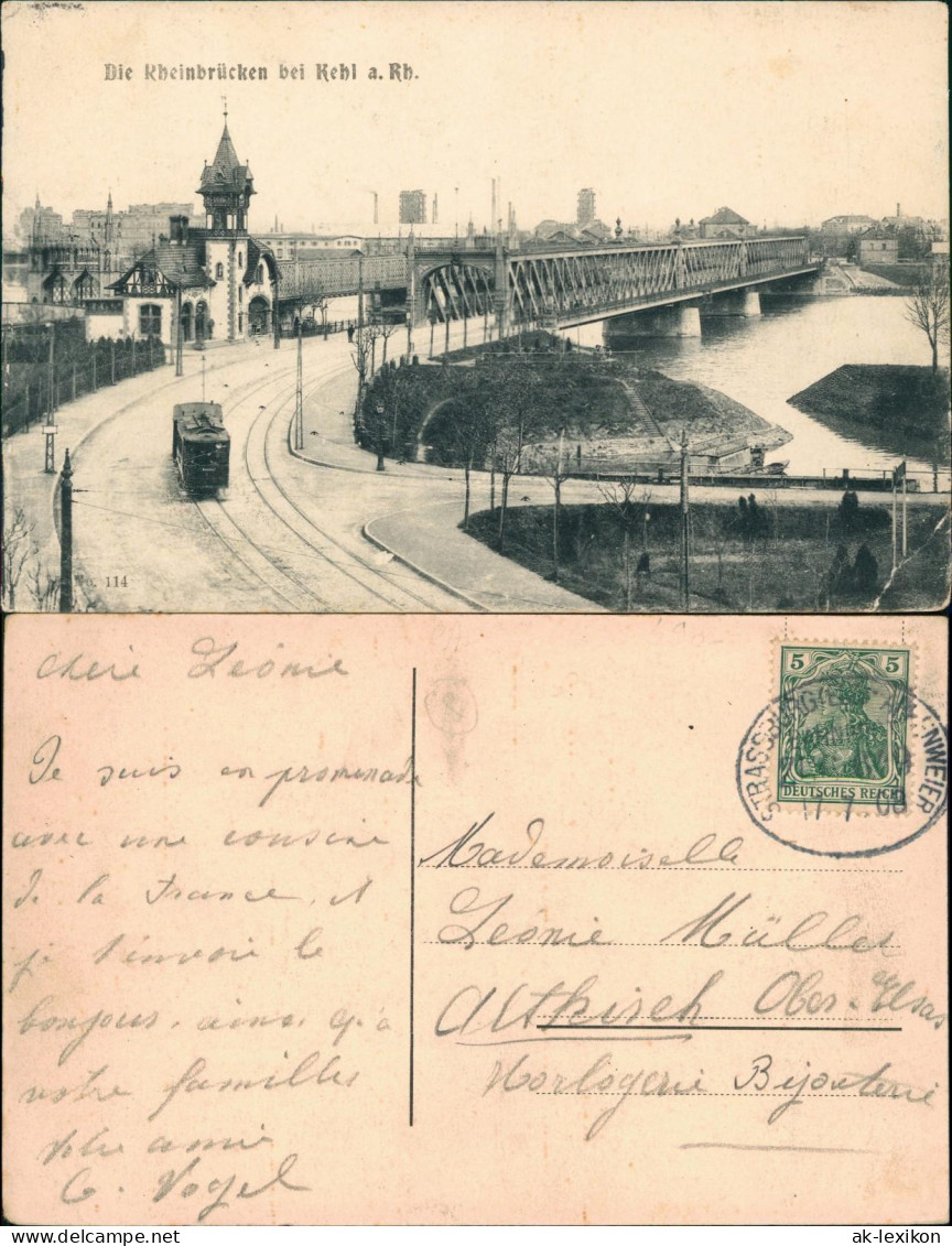 Ansichtskarte Kehl (Rhein) Rheinbrücken Straßenbahn 1908  Gel. Bahnpoststempel - Kehl