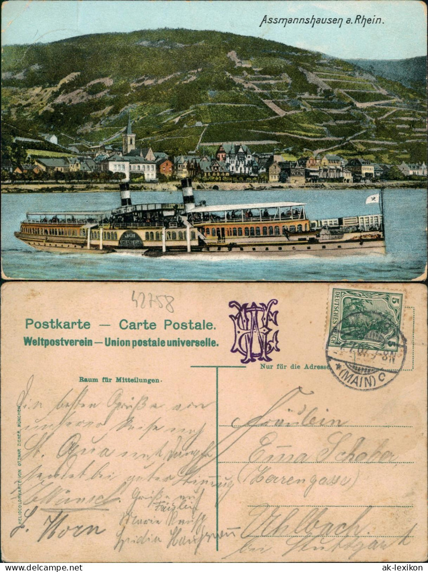 Assmannshausen Rhein Rüdesheim  Panorama Schiffe Rheindampfer Steamer 1907 - Rüdesheim A. Rh.