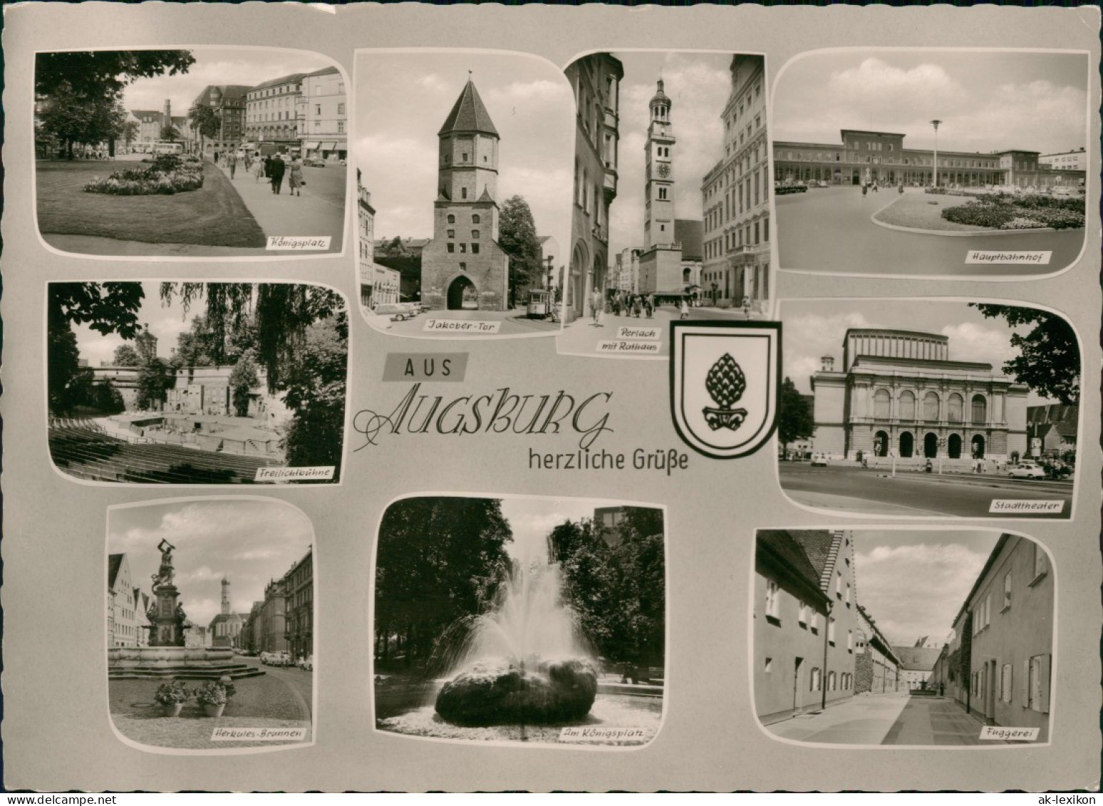 Augsburg Mehrbild-AK U.a. Mit Hauptbahnhof, Theater, Herkules-Brunnen,  . 1964 - Augsburg