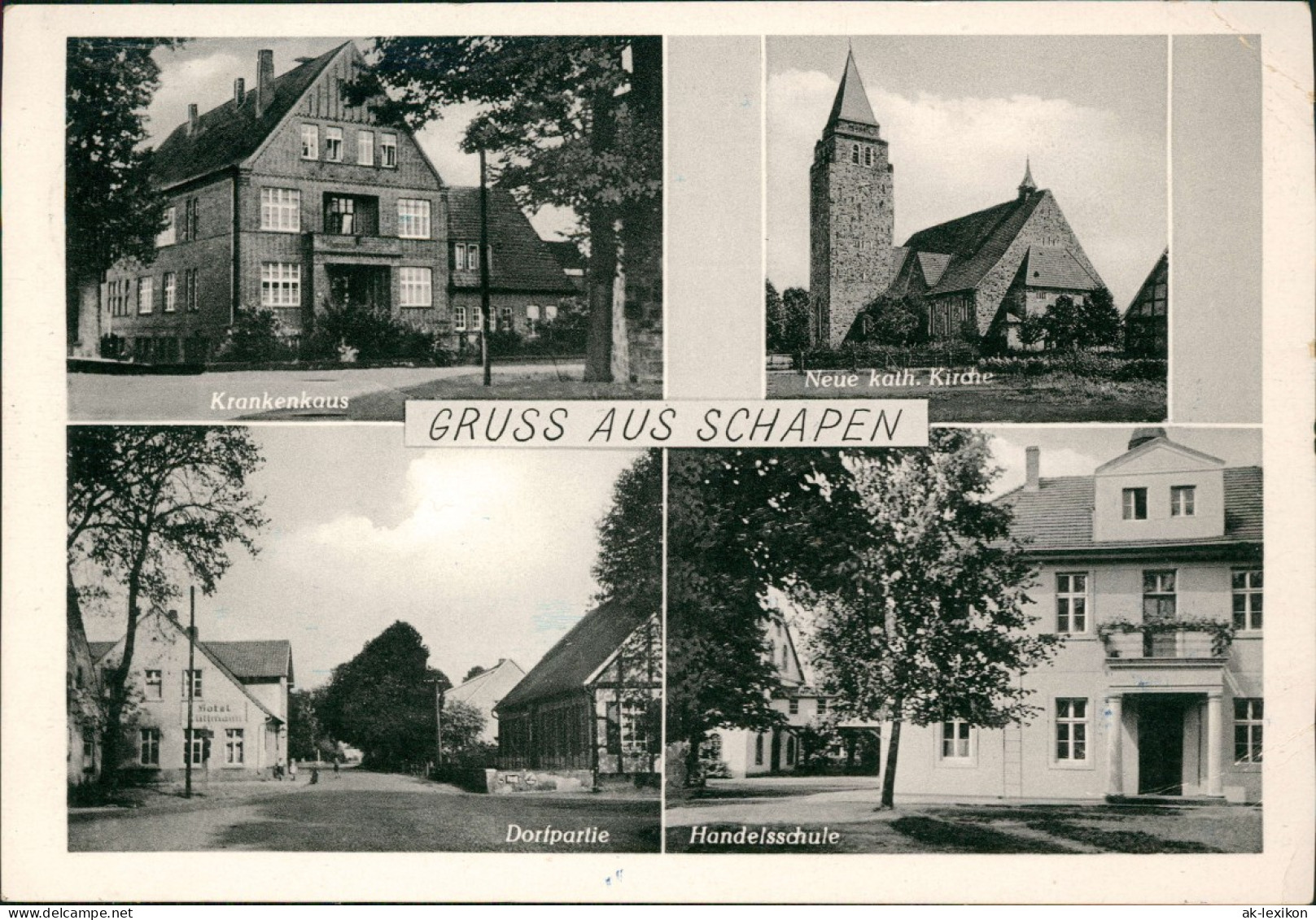 Schapen Mehrbild-AK Kirche Krankenkaus Handelsschule Dorfpartie 1950 - Otros & Sin Clasificación