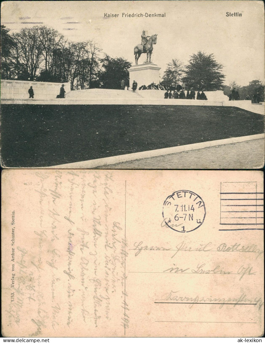 Postcard Stettin Szczecin Kaiser Friedrich-Denkmal 1914  Gel. Feldpoststempel - Pommern