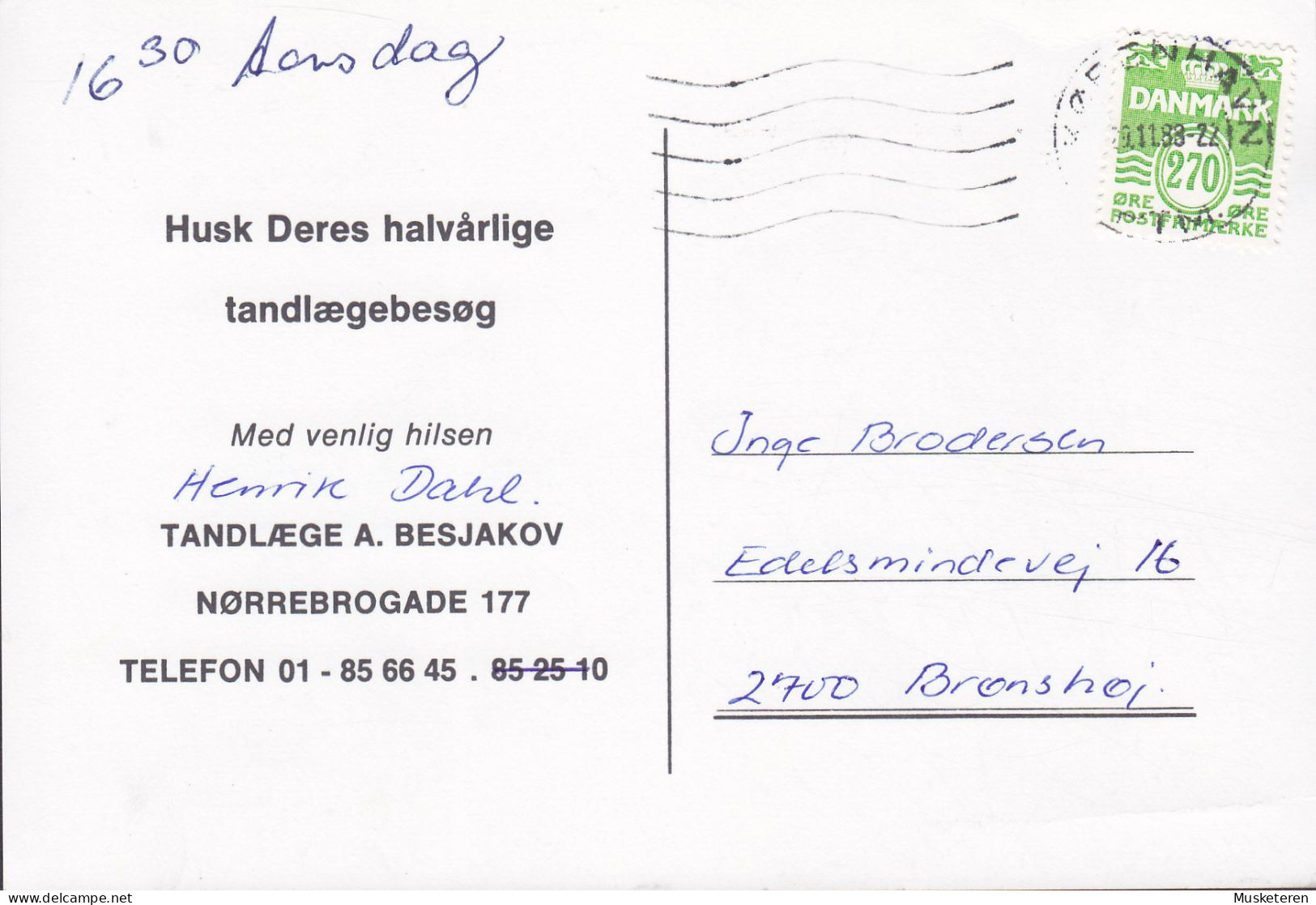 Denmark PPC Drawing 'Toothache' Tandlæge Indkaldelse KØBENHAVN 1988 Dentist Summit Card BRØNSHØJ Wellenlinien (2 Scans) - Contemporánea (desde 1950)