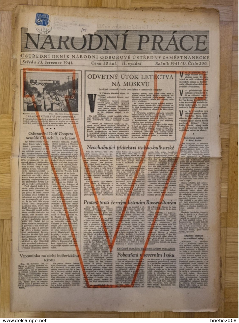 Böhmen Und Mähren Viktoria-Aufdruck Titelseite Narodni Prace 23.7.1941 - Brieven En Documenten