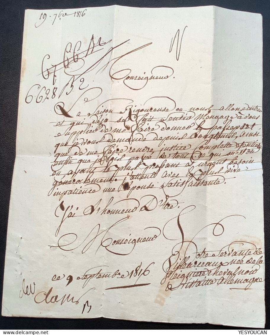 1816 Lettre Noblesse Française émigrée à BADEN?ALLEMAGNE (révolution Française) Posté à 67/BARR (Bas-Rhin)>passeport - 1801-1848: Précurseurs XIX