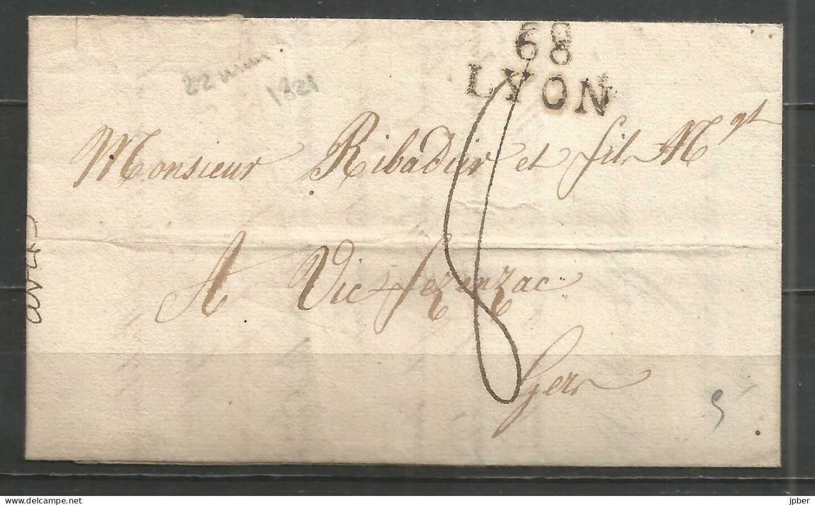 France - LYON - LAC Du 11/1/1821 Pou VIC-FEZENSAC (Gers) - Cachet "68 LYON" - 1801-1848: Precursors XIX