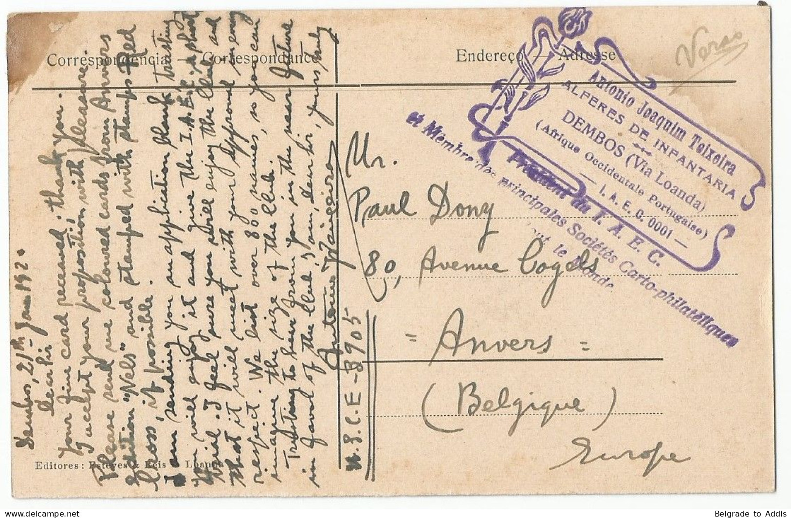 Angola Portugal Postcard To Belgium 1920 Ethnic - Angola