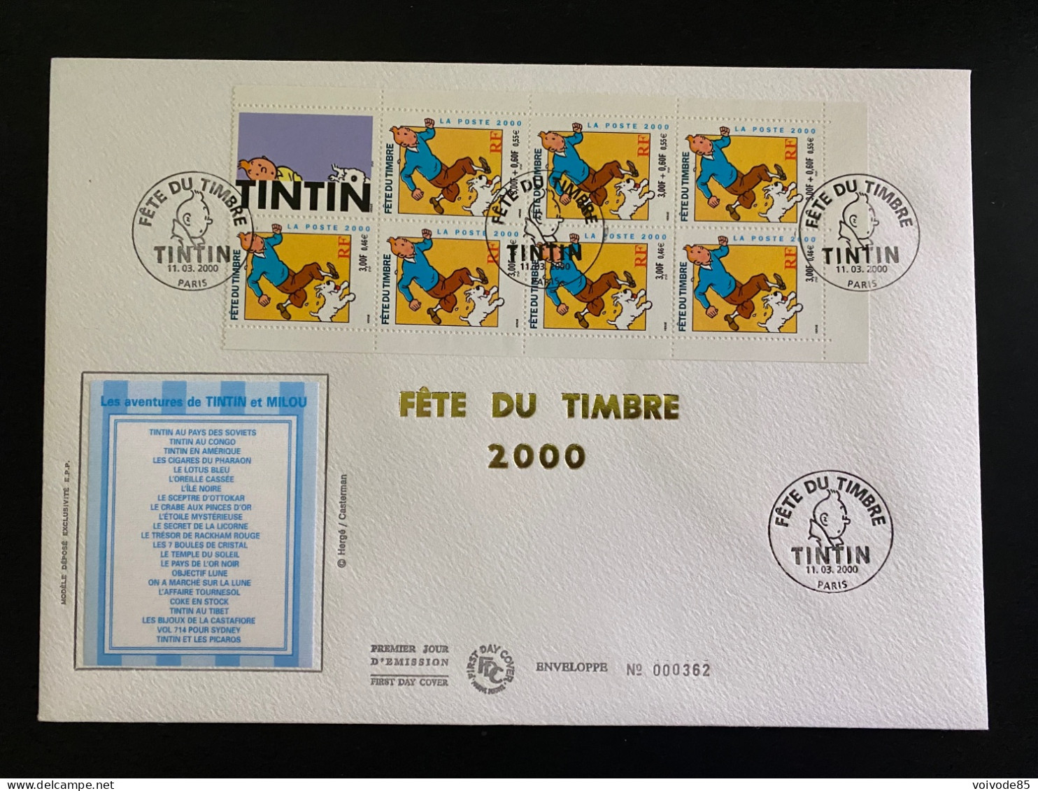 Enveloppe 1er Jour GF Soie "Tintin & Milou" - 11/03/2000 - BC3305 - 3303/3304 - Hergé - 2000-2009