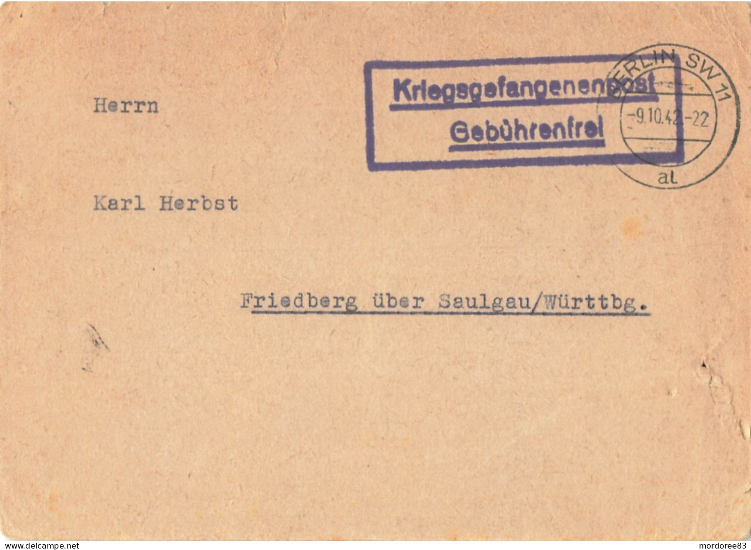 KRIEGSGEFANGENENPOST GEBUHRENFREI BERLIN 9/10/42 WAR CAMP 133 OTTAWA CANADA - Brieven En Documenten