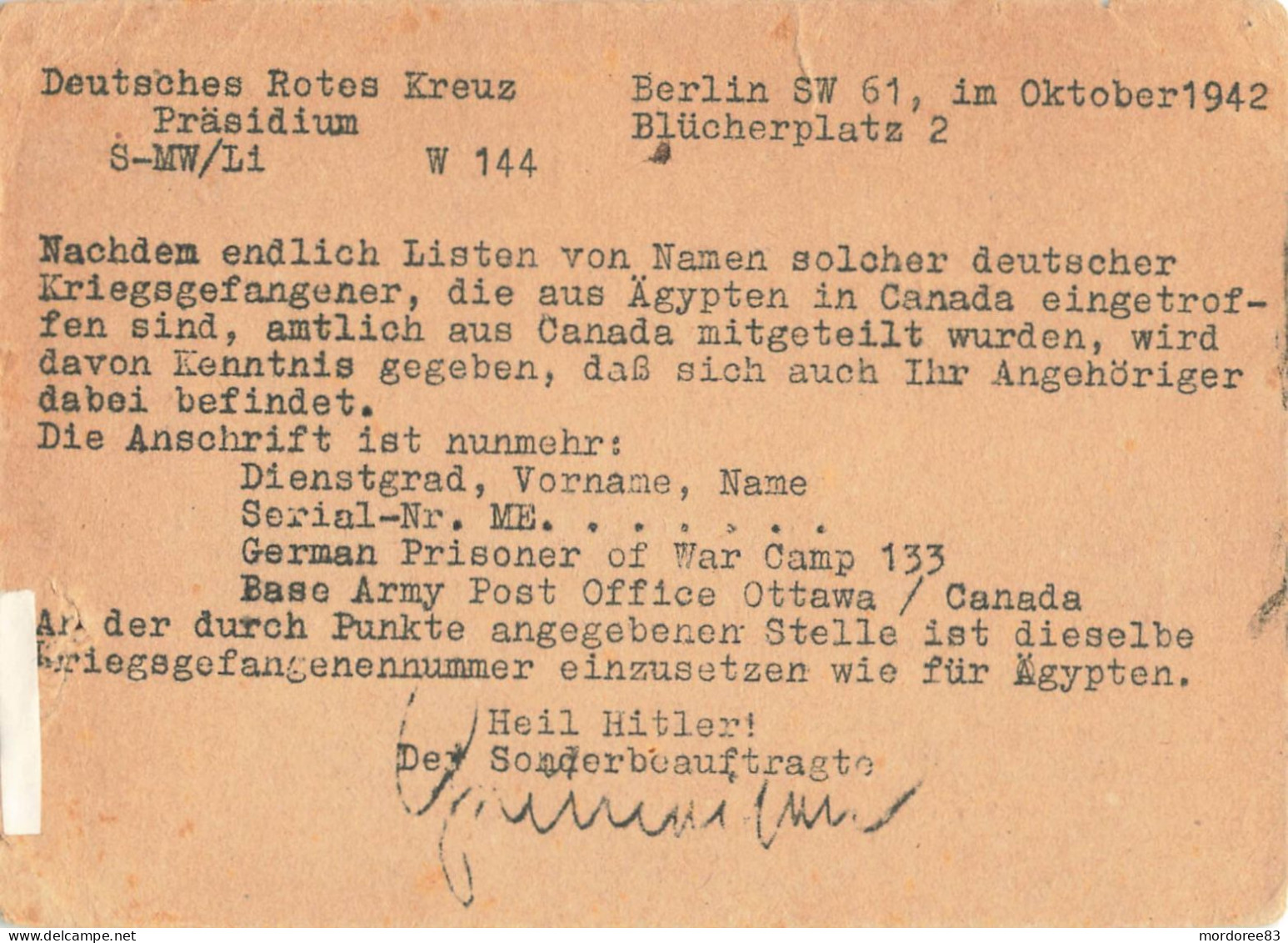 KRIEGSGEFANGENENPOST GEBUHRENFREI BERLIN 9/10/42 WAR CAMP 133 OTTAWA CANADA - Briefe U. Dokumente