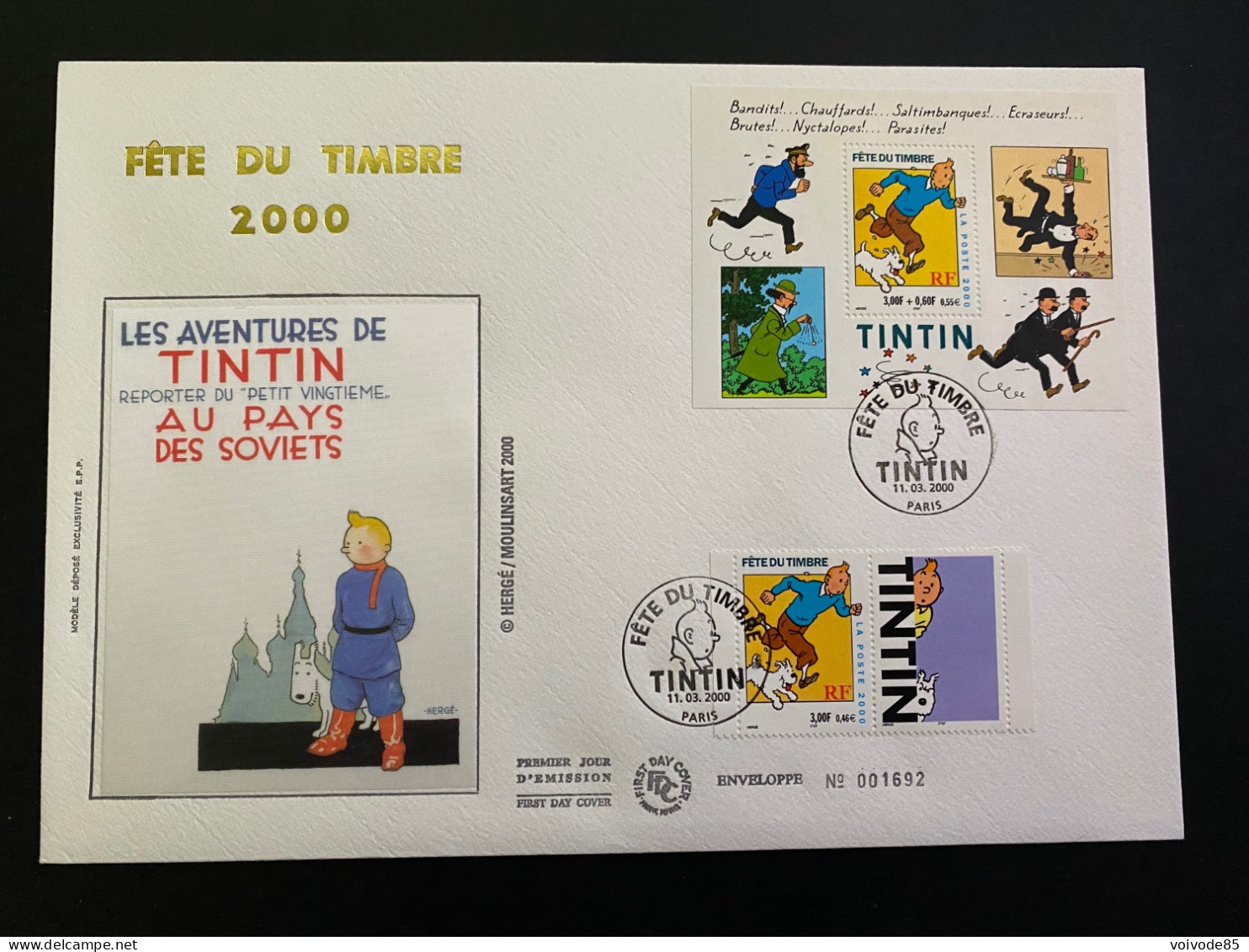 Enveloppe 1er Jour GF Soie "Tintin & Milou" - 11/03/2000 - BF28 - 3303/3304 - Hergé - 2000-2009