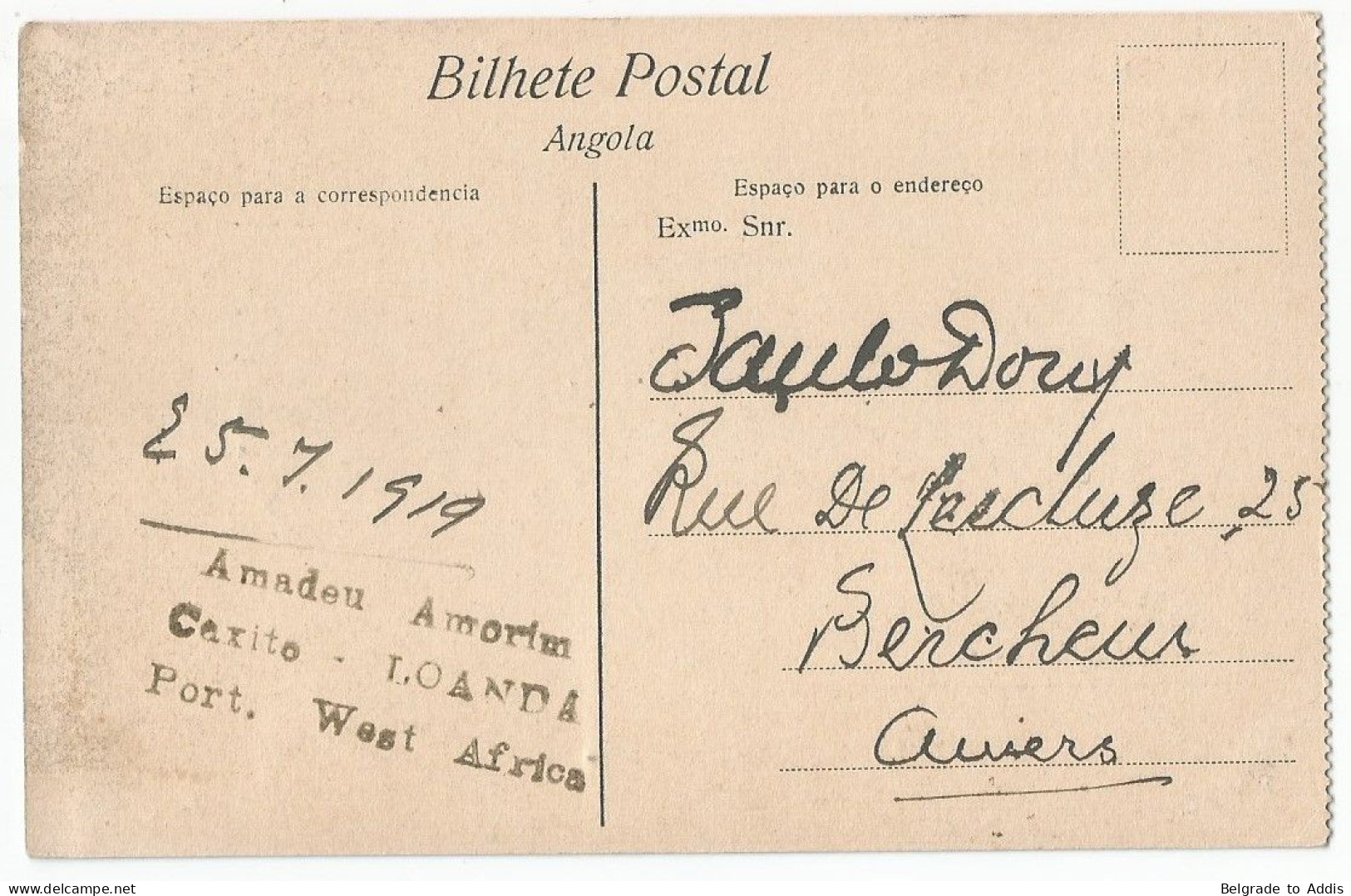 Angola Portugal Postcard To Belgium 1919 Loanda - Angola
