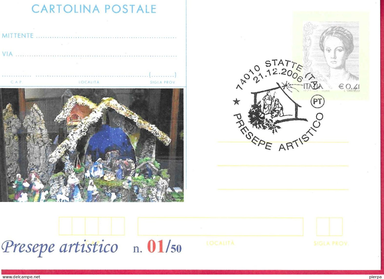 REPIQUAGE -ANNULLO SPECIALE"STATTE (TA)*21.12.2006* /PRESEPE ARTISTICO" SU INTERO CARTOLINA A TIRATURA LIMITATA 50 PEZZI - Ganzsachen