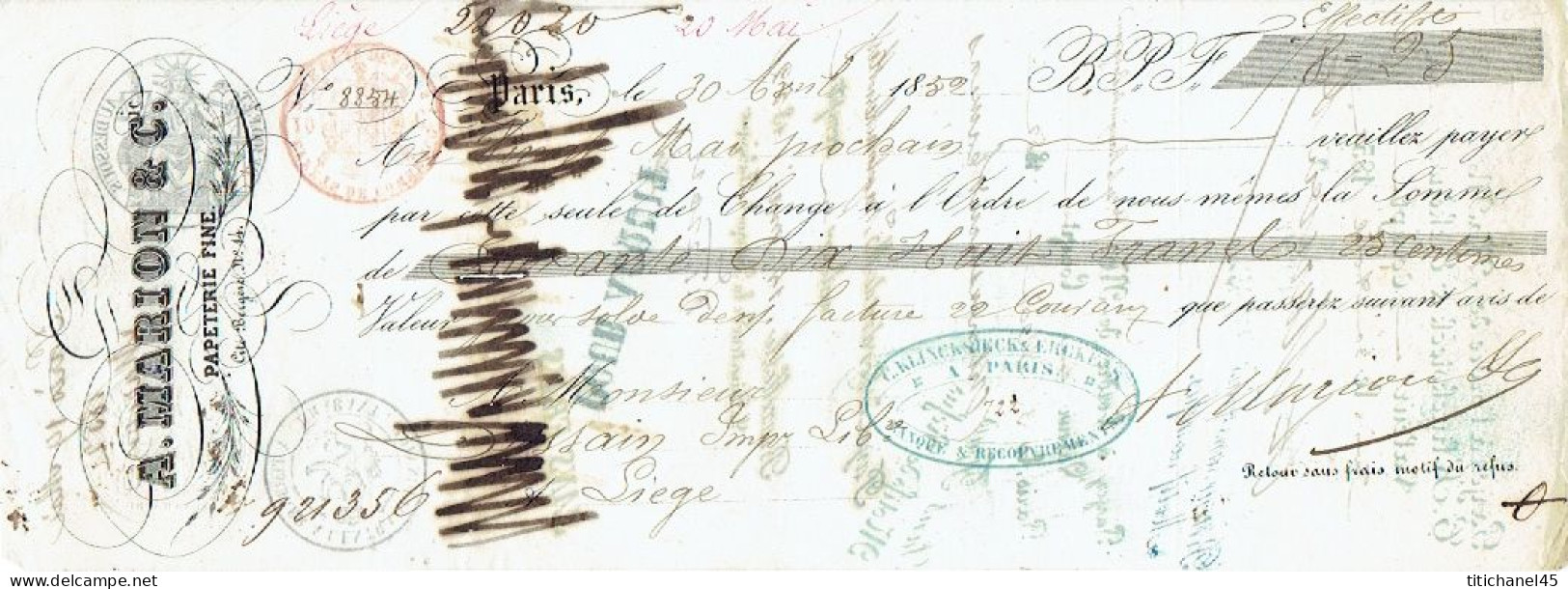 PARIS 1852 - Mandat De A. MARION & Cie Papeterie Fine à L'ordre De H. DESSAIN Editeur-imprimeur à Liège (Belgique) - 1800 – 1899